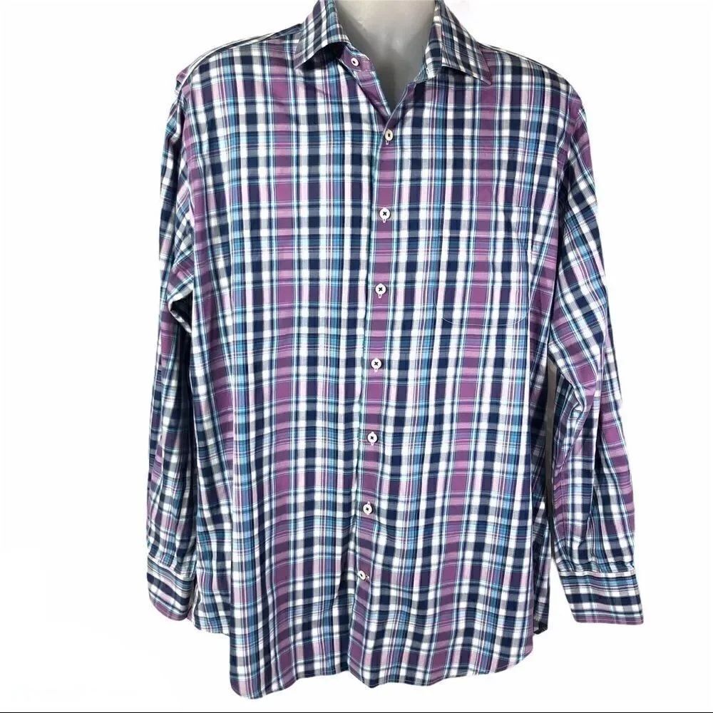 Peter Millar button up dress shirt plaid cotton L